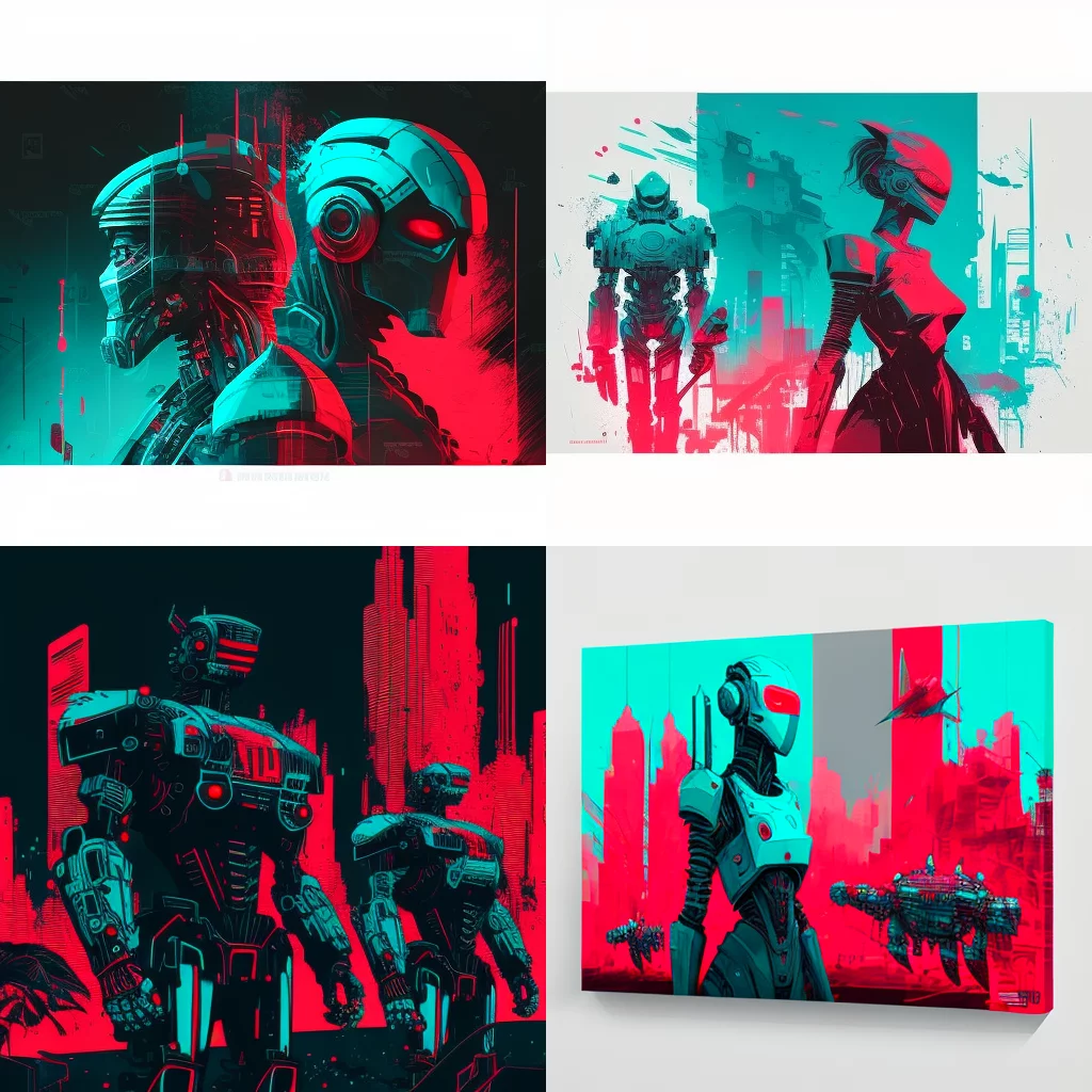 16*9 ratio robots/humans ad red cyan dotted cyberpunk texture