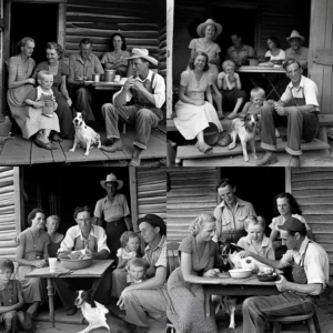 Prompt 1940s black and white happy hillbilly family in south