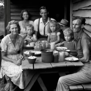 Prompt 1940s black/white southern family happy smiling tattered eating on porch