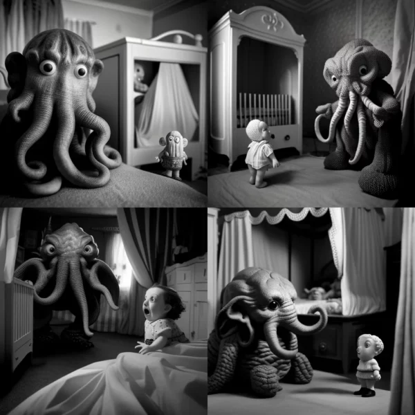 Prompt 1950s bedroom two Cthulhus photoreal 52 B&W