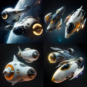 Prompt 2 different and separated small white and rounded starships