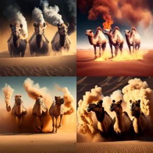 Prompt 3 Camels desert drifting fire smoke detailed