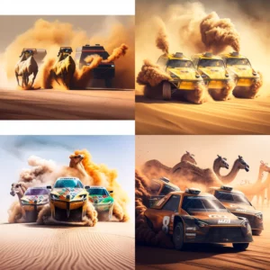 Prompt 3 Camels racing drift car tire smoke detailed