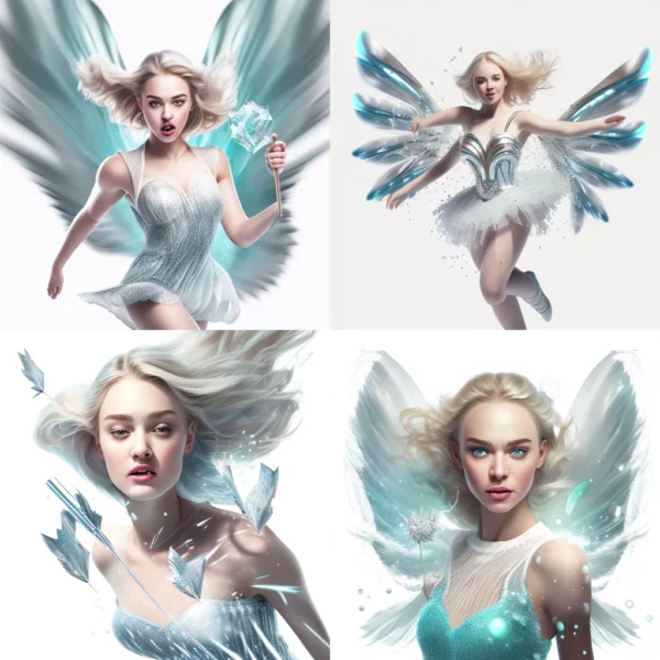 Prompt 3D girl with light hair blue eyes silver wings teal dress