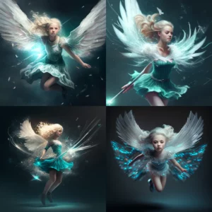 Prompt 3D girl with light hair silver wings sparkle teal dress