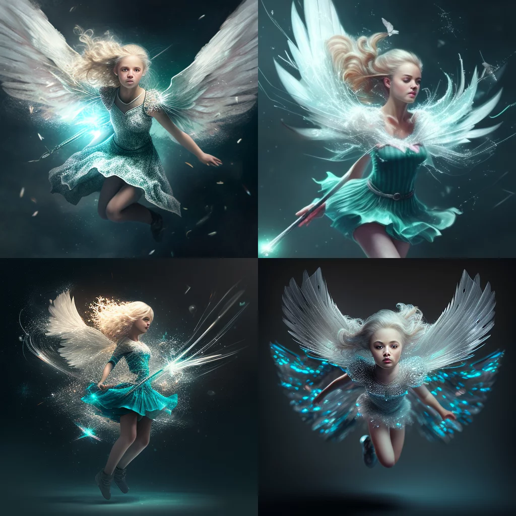 3D girl with light hair silver wings sparkle teal dress