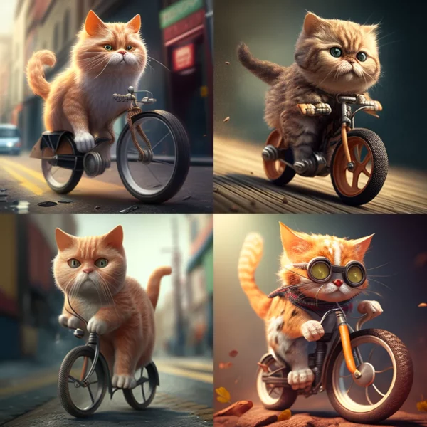 Prompt 3D ultra-realistic cat riding a bike