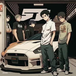Prompt 4 men garage Nissan GTR anime manga