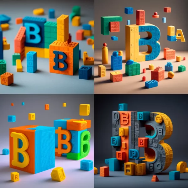 Prompt ABC kids' blocks futuristic Bitcoin "B"