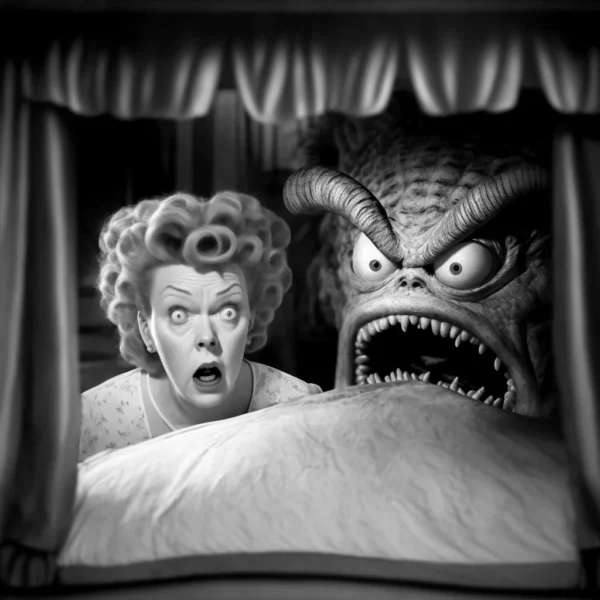 Prompt Angry Lucy & Tired Cthulhu share bed