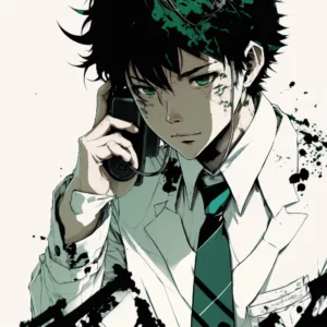 Prompt Anime of black-haired man talking on cellphone in white green