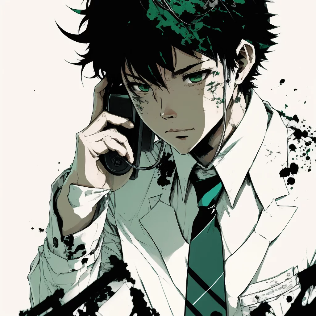 Anime of black-haired man talking on cellphone in white green