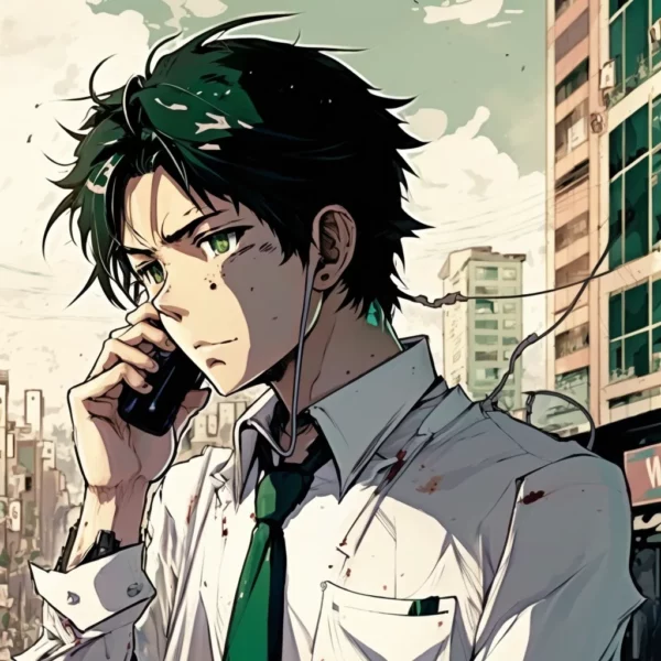 Prompt Anime of man talking on cellphone in white green city background