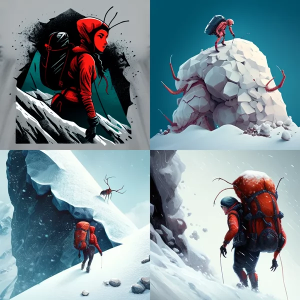 Prompt Ant-Woman Climbing Snowy Mountain