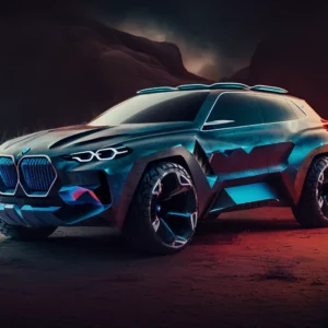 Prompt BMW car inspired by Miyake ultra-realistic blue light
