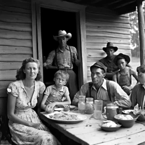 Prompt B&W 1940s happy hillbilly family eating Sunday supper in south