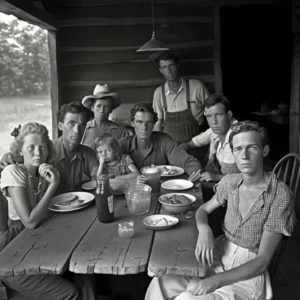 Prompt B&W 1940s happy hillbilly family eating Sunday supper southern food