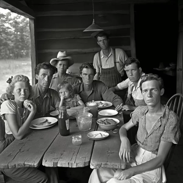 Prompt B&W 1940s happy hillbilly family eating Sunday supper southern food