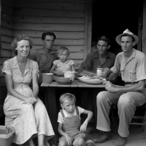 Prompt B&W happy 1940s hillbilly family eating Sunday supper