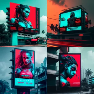 Prompt Billboard ad of cyberpunk future in Kerala with 16:9 ratio red and cyan