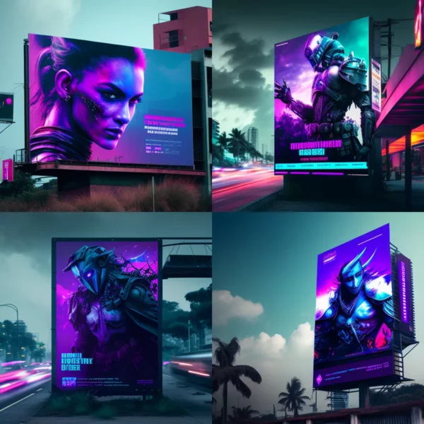 Prompt Billboard ad of cyberpunk future in Kerala with purple blue red cyan
