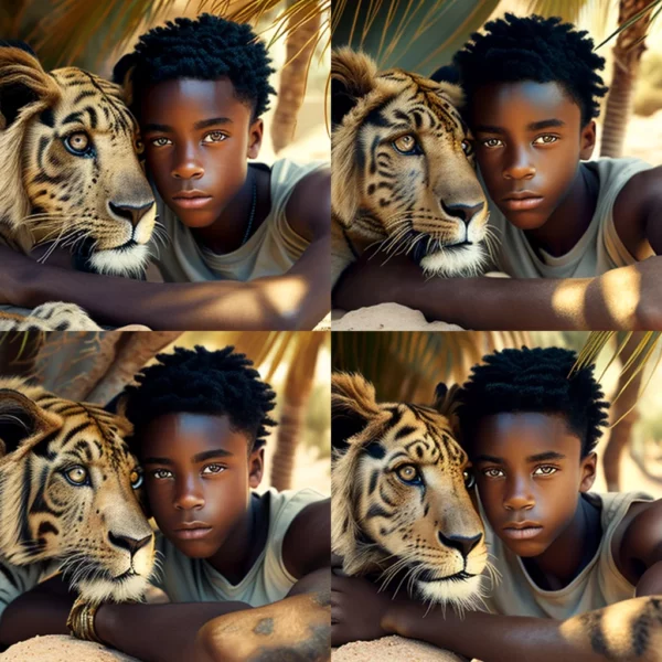 Prompt Black Boys Eating Tiger with Oasis