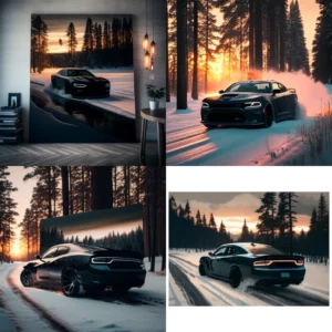 Prompt Black Dodge Charger fast snowy forest/lake sunset