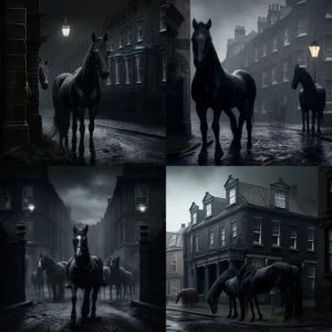 Prompt Black carriage and horses in street