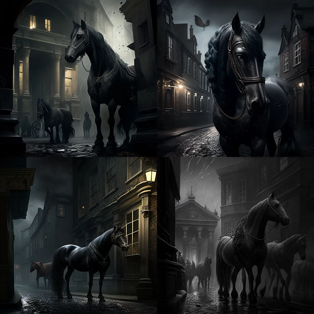 Black carriage with horses in dark street