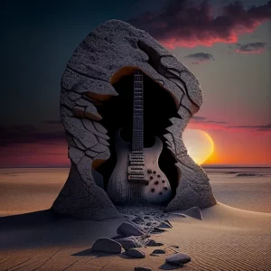 Prompt Black electric guitar hatching from stone