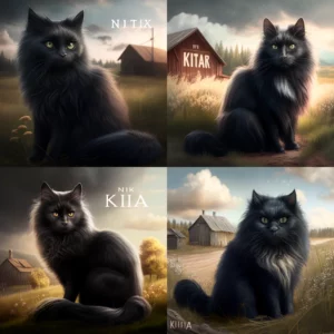 Prompt Black fluffy cat one eye rural style