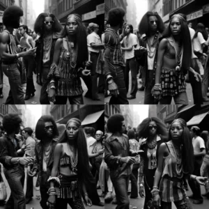 Prompt Black hippies in NYC 1969 eccentric clothing