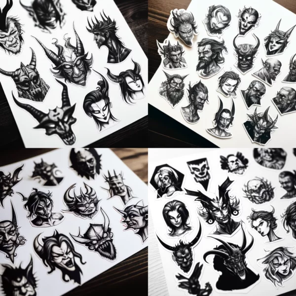 Prompt Black/white devil/demon pen drawing sticker pack