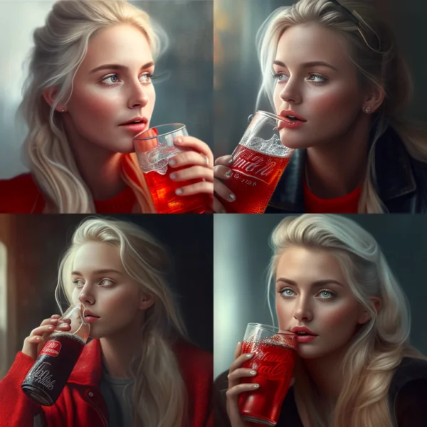 Prompt Blonde woman drinks Coca-Cola photorealistic