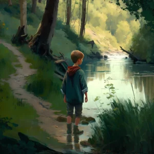 Prompt Boy Walking Along River Bank