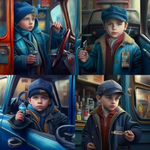 Prompt Boy holds keys in blue jacket hat in car