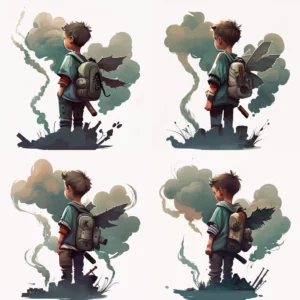 Prompt Boy with wings polluted clouds