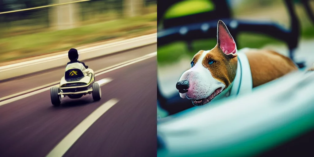 Bull terrier drives go-kart creative