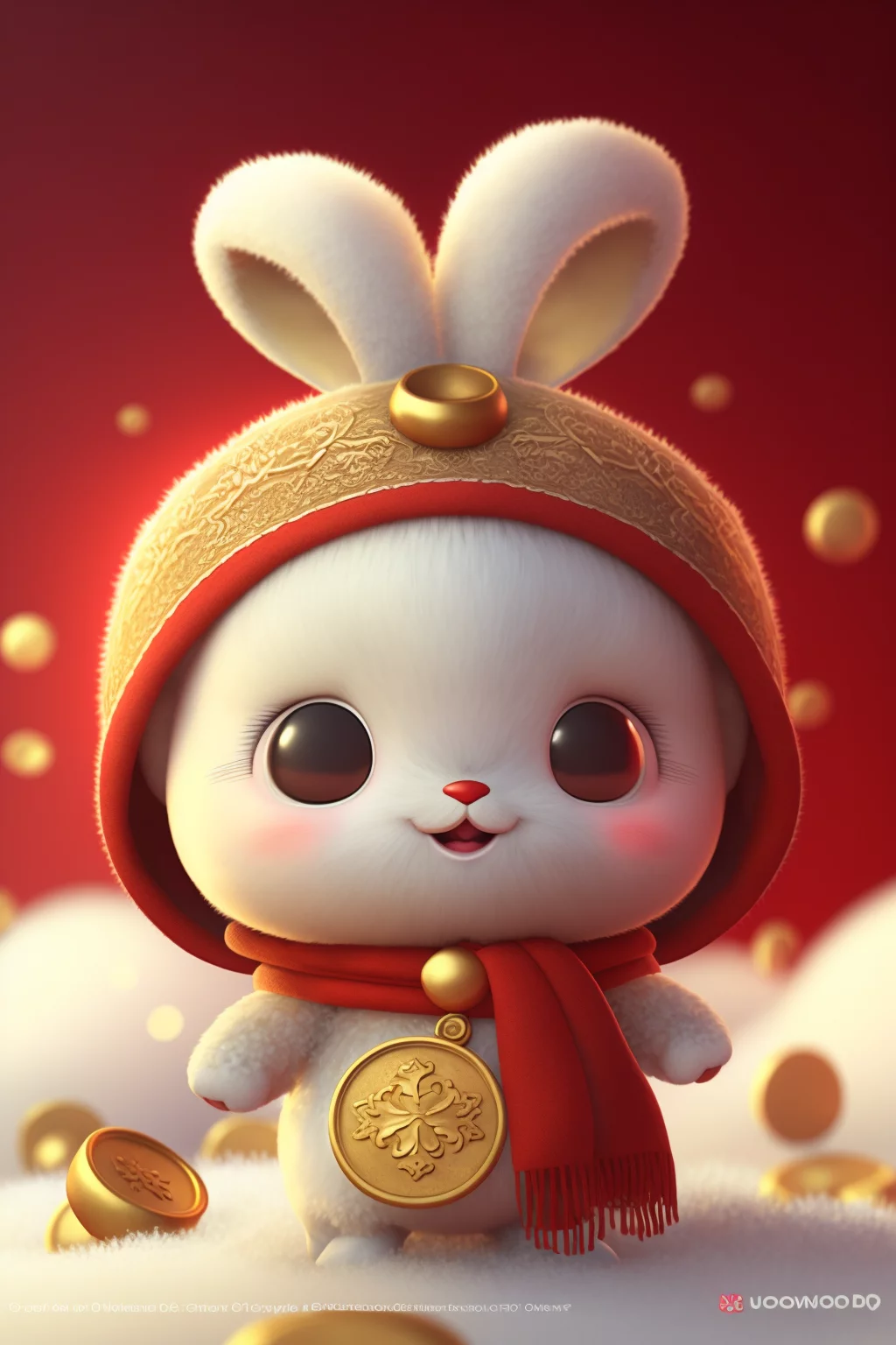 Bunny cub with gold coins in winter scene