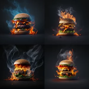 Prompt Burger burning full image light greyish background
