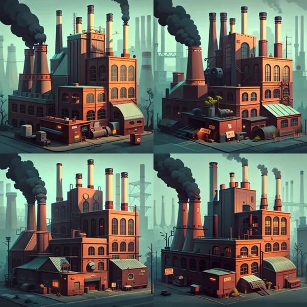Prompt Cartoon style factory chimneys cigarette colors