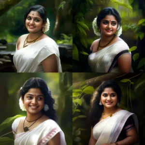 Prompt Chubby Kerala girl in white saree smiling