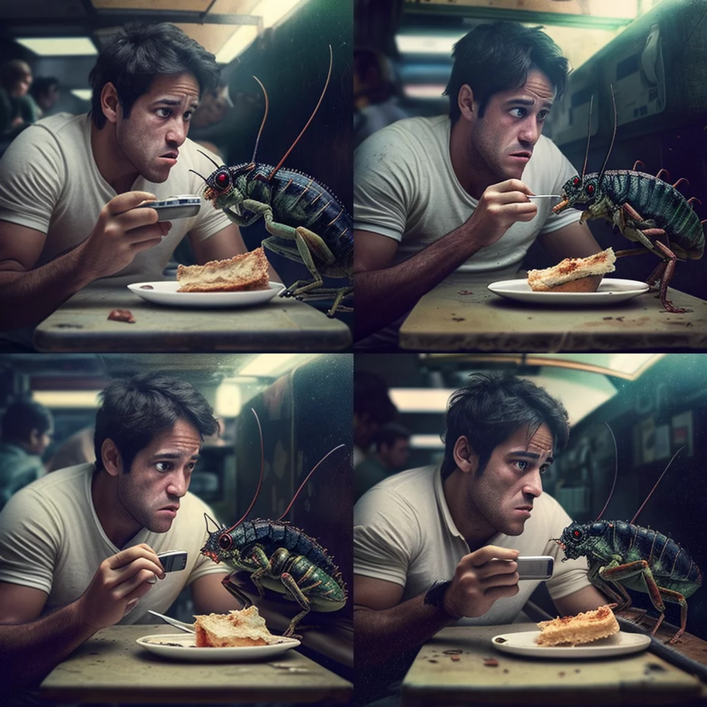 Cinematic man eating roach-filled sushi