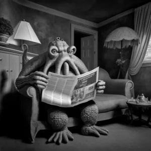 Prompt Cthulhu monster sitting on a sofa and reading a newspaper