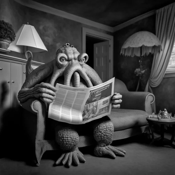 Prompt Cthulhu monster sitting on a sofa and reading a newspaper