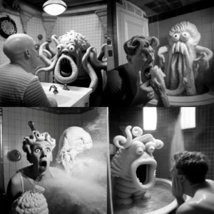 Prompt Cthulhu shaving Lucille flustered 1950s sitcom photorealistic
