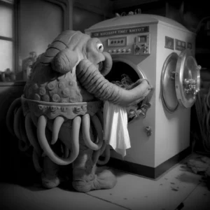 Prompt Cthulhu washing clothes 1950s style