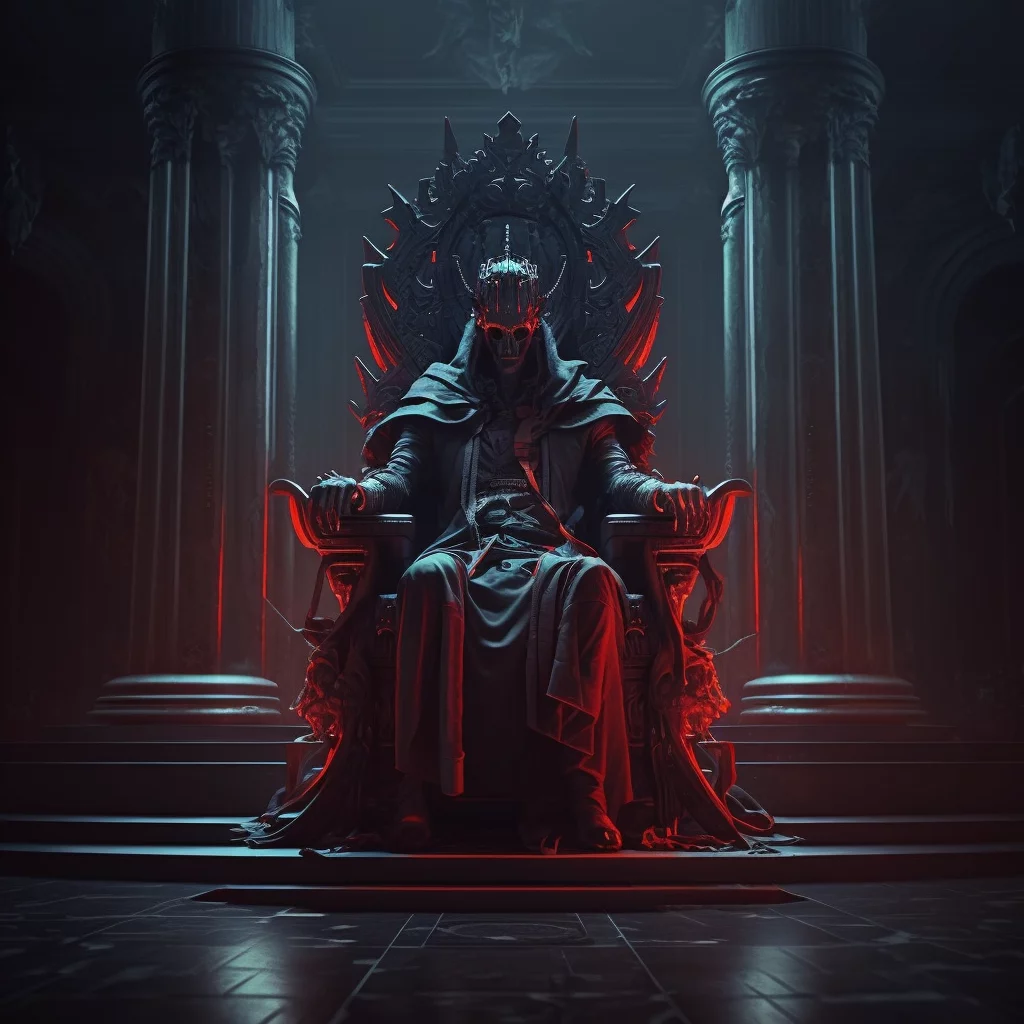 Dark overlord on black throne red eyes