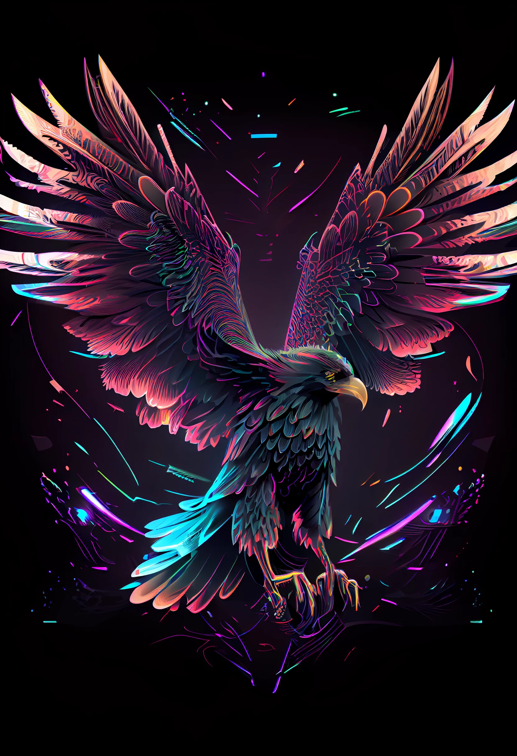 Eagle with neon wings on black bg