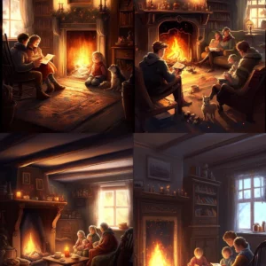 Prompt Family gathered around warm interior fire soft